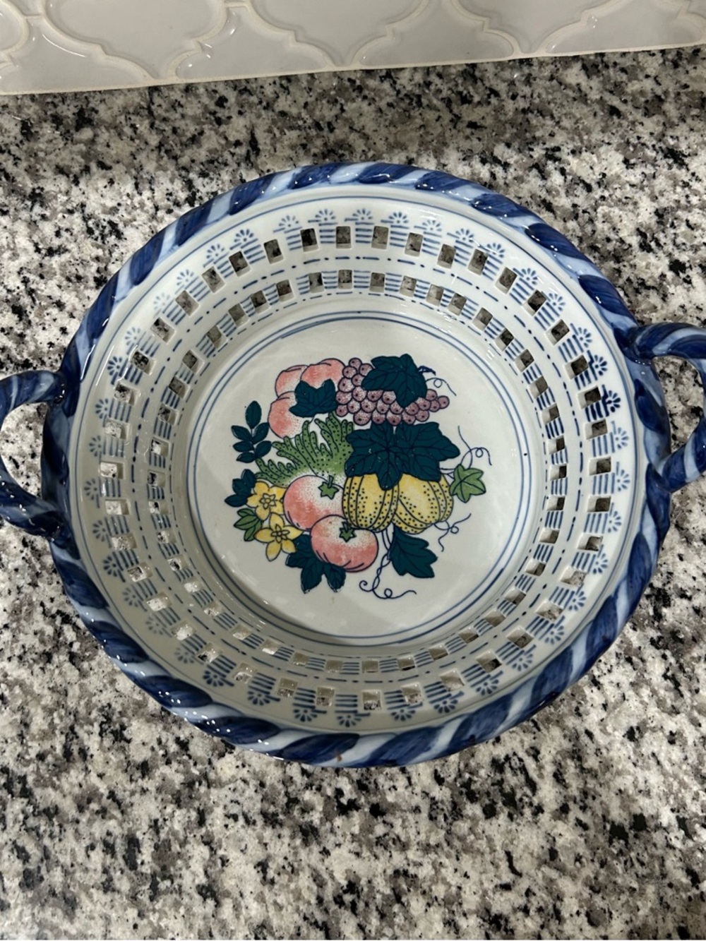 SOLD LOCALLY Vintage Chinese Hand Painted Fruit Pattern Ceramic Lattice Bowl